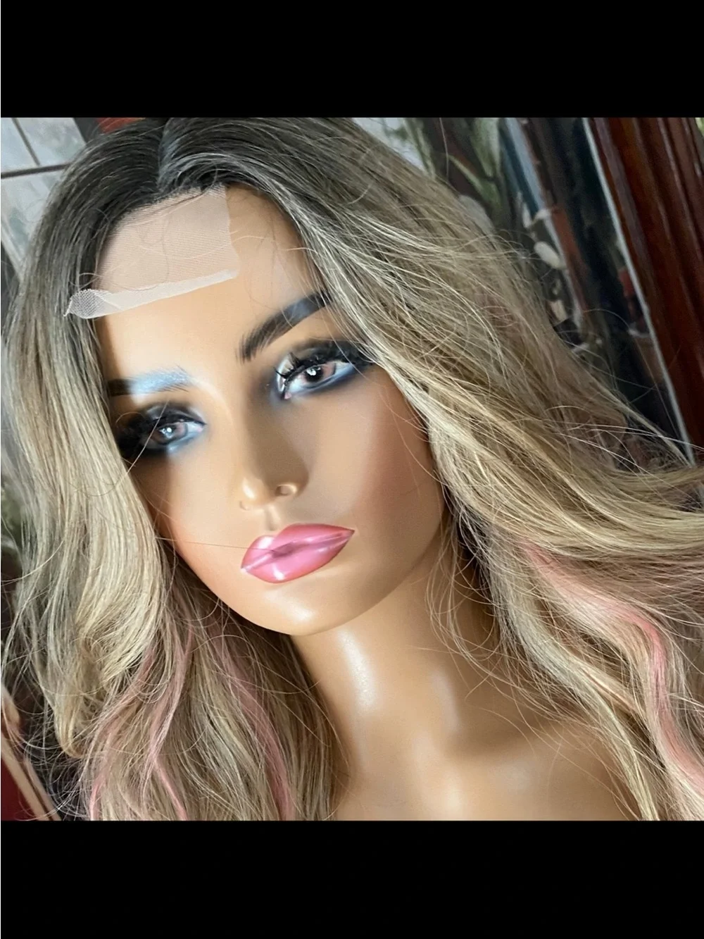 Lace center PINK stripe highlights blonde wig
